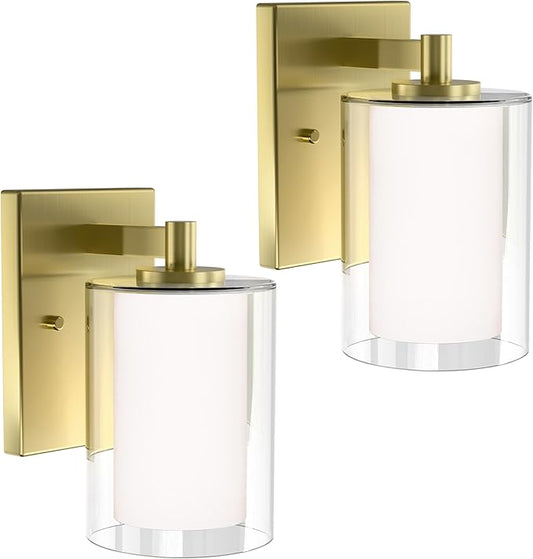 Wall Sconces Set of Two: Bathroom Sconce of 2, Gold Vanity Fixtures with Double Clear Glass Shade, E26 Base Hardwired Farmhouse Wall Lights for Bedroom Living Room Bathroom (Bulb not Included)
