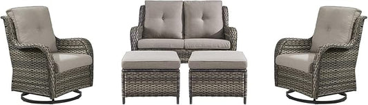 Rilyson Wicker Patio Furniture Set - 5 Piece Rattan Outdoor Sectional Conversation Sets with 2 Rocking Swivel Chairs,2 Ottomans and 1 Loveseat for Porch Deck Garden(Mixed Grey/Grey)