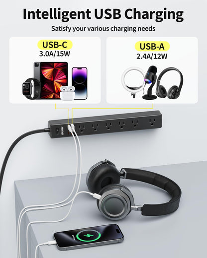 2 Pack Power Strip Surge Protector - 7 Outlets 4 USB Ports (2 USB C), 6 Ft Ultra Thin Flat Plug Extension Cord, 1875W/15A, 1700 Joules, Wall Mount for Home Office Dorm, White