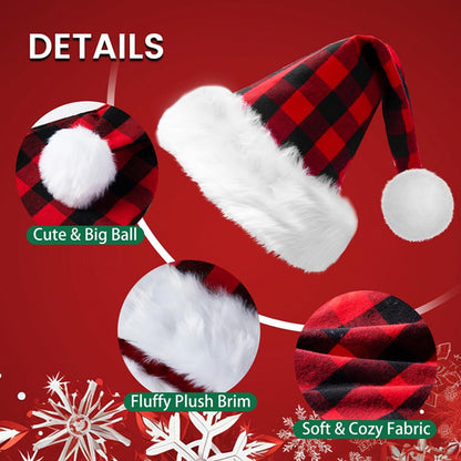 ALIMITOPIA 2pcs Christmas Santa Hat,Double Layer Luxury Plush Christmas Santa Claus Cap Xmas Hat for Adults (Plaid)