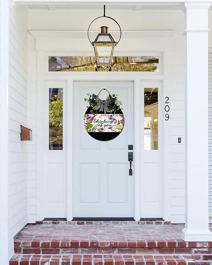 Garden Thinking Of You Front Door Sign Funny Wreaths Hanging Wooden Plaque Decoration Round Rustic Wood Farmhouse Porch Decor for Home Front Door Decor, 12 x 12 Inch