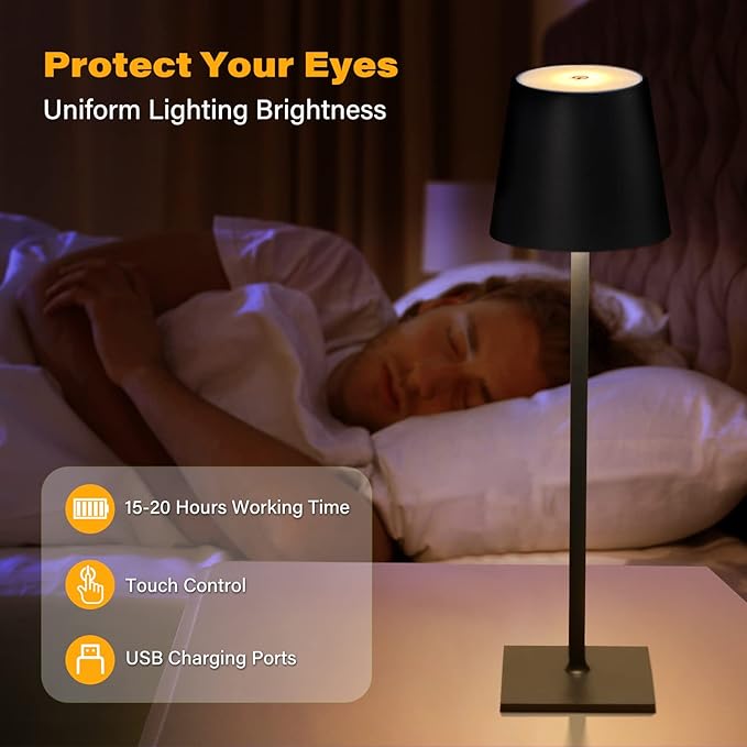Cordless Table Lamps, 3 Colors Stepless Dimming, 5000mAh Rechargeable Battery LED Desk Lamp for Bedroom/Couple Dinner/Desk/Cafe/Dining Room/Terrace (Black)