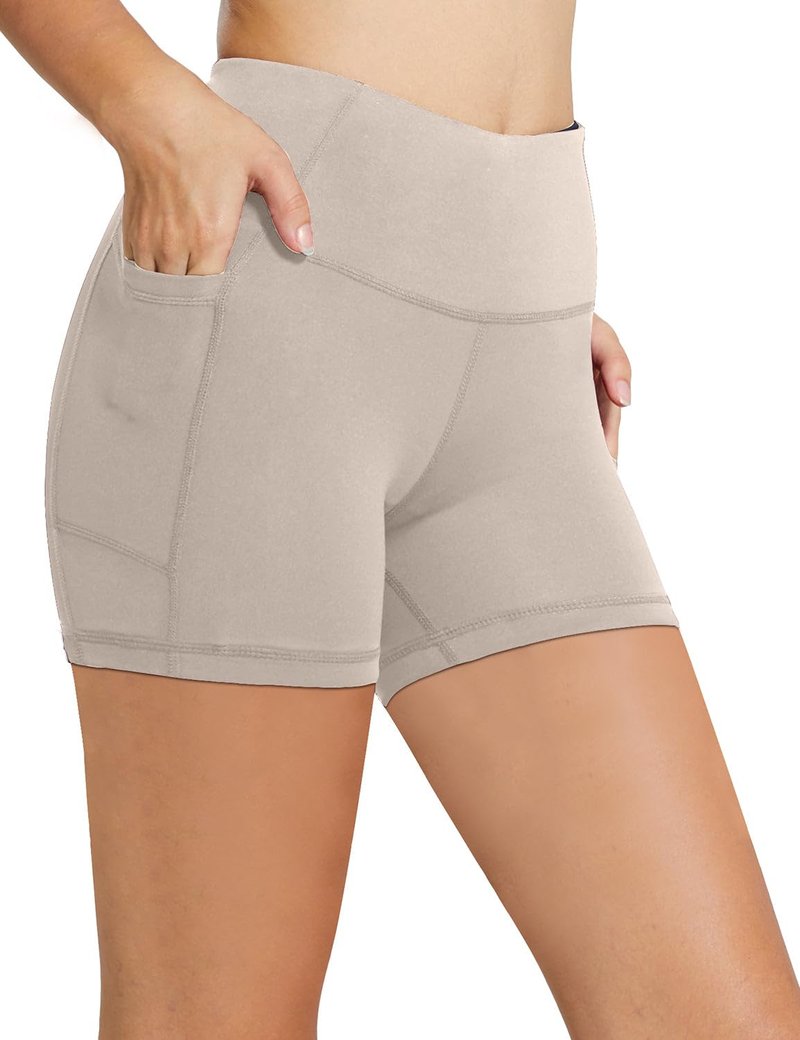 baleaf Workout Shorts Women 5" Biker Yoga Gym Spandex Running Volleyball Compression Short with Pockets Khaki S