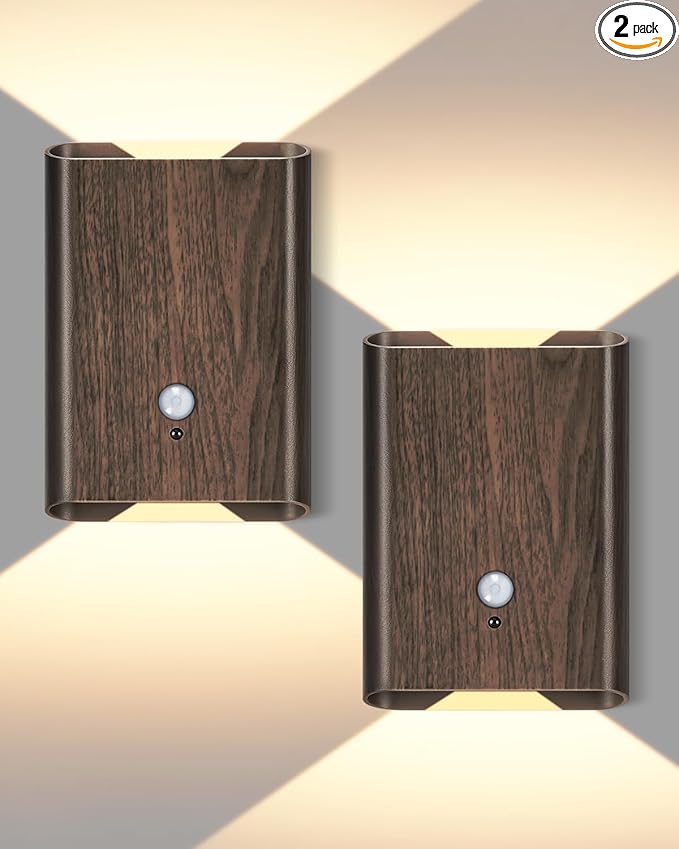 Motion Sensor Wall Lights Wood - Decor Light Battery Operated LED Light Indoor Set of 2 Rechargeable Light Easy Installation, Gifts for Tenant New Home Apartment RV(Wood 2pcs)