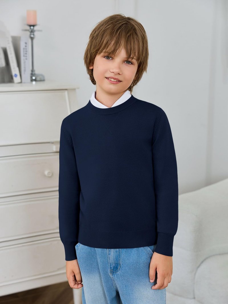 Haloumoning Boys Sweater Kids Casual Crewneck Long Sleeve Pullover Tops Fall Fashion Clothes 5-14 Years Navy Blue