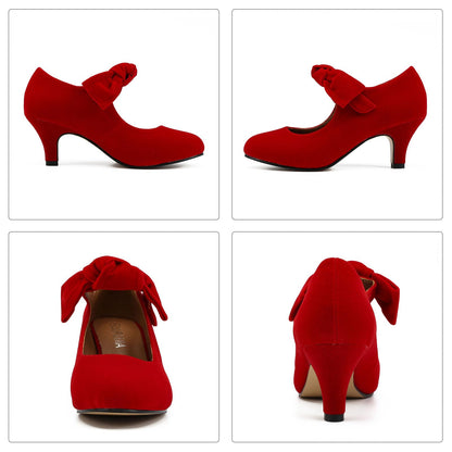 Women's Bow Heels Mary Jane Kitten Heel Pumps Round Toe Low Heels Ankle Strap Wedding Evening Party Dress Shoes Red Size 11