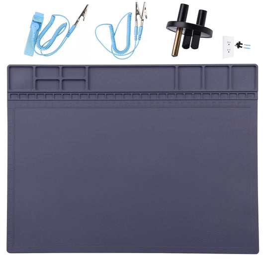 Anti-Static Mat ESD Safe for Electronic Includes ESD Wristband and Grounding Wire, HPFIX Silicone Soldering Repair Mat 932°F Heat Resistant for iPhone iPad iMac, Laptop, Computer, 15.9” x 12” Grey