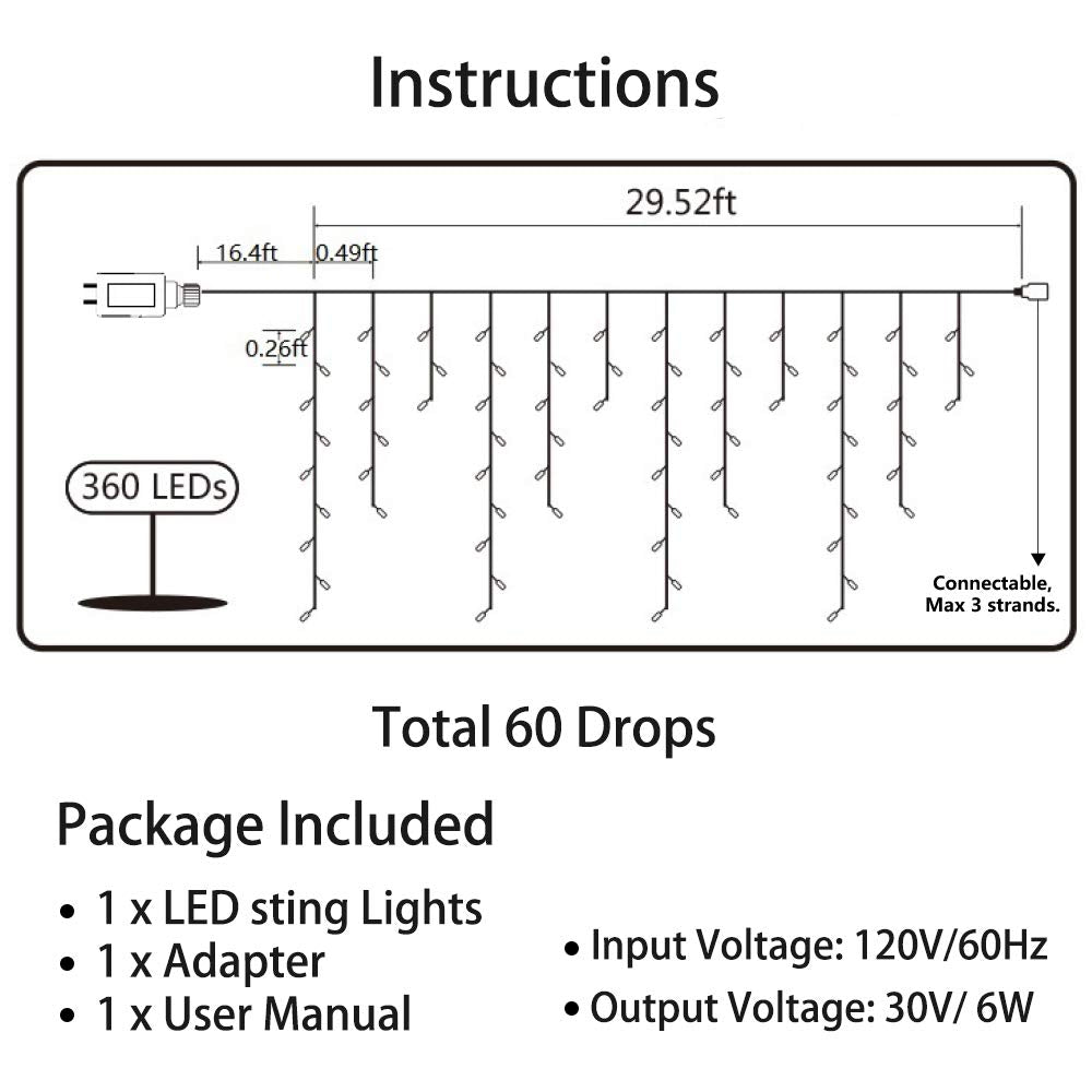 Toodour Christmas Icicle Lights Outdoor, 360 LED 29.5ft 8 Modes Fairy Icicle String Light with 60 Drops, Led Christmas Lights Twinkle for Holiday, Party, Wedding, Eaves, Xmas Decorations (Warm White)