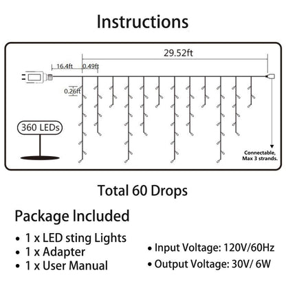 Toodour Christmas Icicle Lights Outdoor, 360 LED 29.5ft 8 Modes Fairy Icicle String Light with 60 Drops, Led Christmas Lights Twinkle for Holiday, Party, Wedding, Eaves, Xmas Decorations (Warm White)
