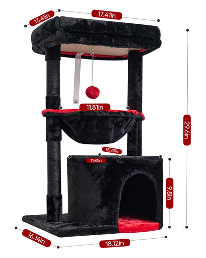 SYANDLVY Gothic Cat Tree with Coffin Bed for Indoor Cats, Small Cat Tower with Scratching Post, Modern Activity House Condo with Cradle, Kittens Cave, Black & Red