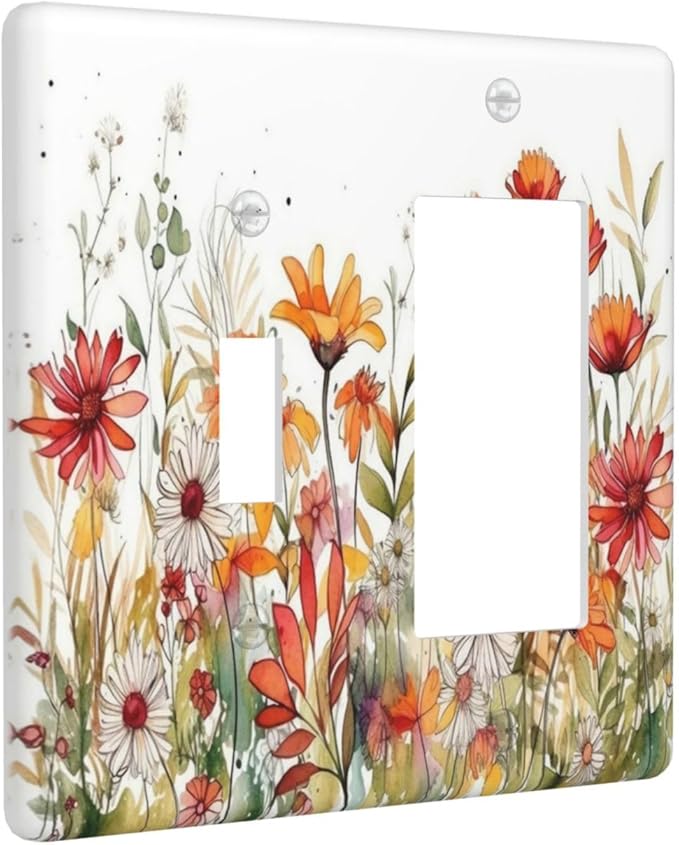 Watercolor Wild Flower Floral 2 Gang Light Switch Covers Single Toggle Rocker Combo Wall Plate Electrical Faceplate Decorative Switchplate for Nursery Bedroom Bathroom Decor