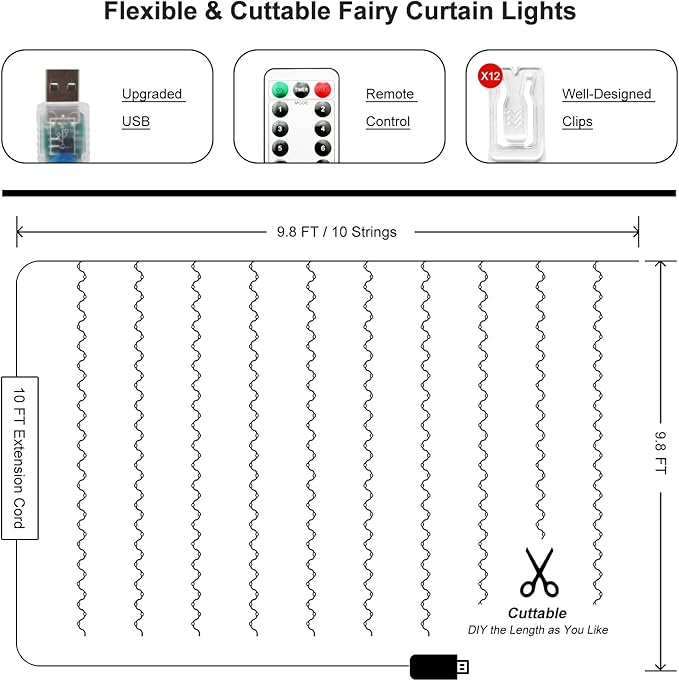 2 Pack 300 LED Fairy Curtain Lights, 9.8 x 9.8FT Warm White USB Plug in 8 Modes String Hanging Lights with Remote for Christmas, Bedroom, Indoor, Outdoor, Weddings, Party (Warm White)