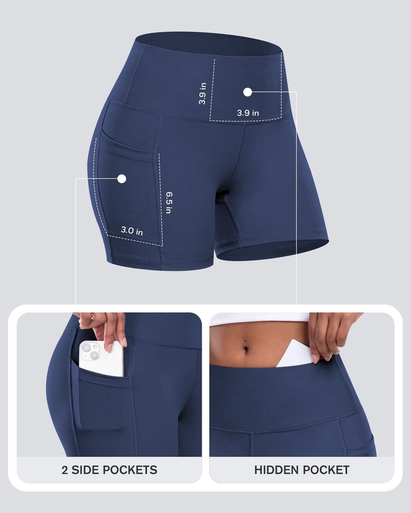 CHRLEISURE Womens Biker Yoga Shorts with Pockets: High Waisted Tummy Control Spandex Workout Athletic Gym Shorts 4 Packs(5'' Black,Black,Gray,Navy, L)