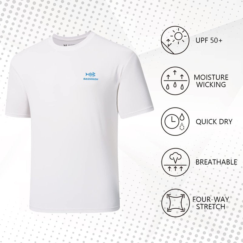 BASSDASH Men’s UPF 50+ Short Sleeve Fishing Shirts Performance Cooling UV Sun Protection Hiking T-Shirts White
