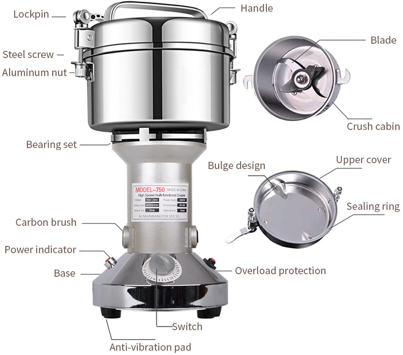 LEJIEYIN Grain Mill Electric 750g Electric Mill Stainless Steel Graingrinder & Commercial Motor Grinding Stone Mill Grain with 2000W 25000 RPM for Nuts/Cereals with Overload Protection