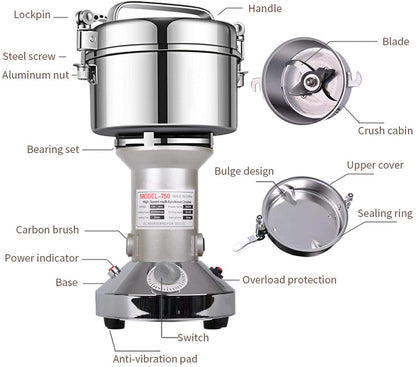LEJIEYIN Grain Mill Electric 750g Electric Mill Stainless Steel Graingrinder & Commercial Motor Grinding Stone Mill Grain with 2000W 25000 RPM for Nuts/Cereals with Overload Protection