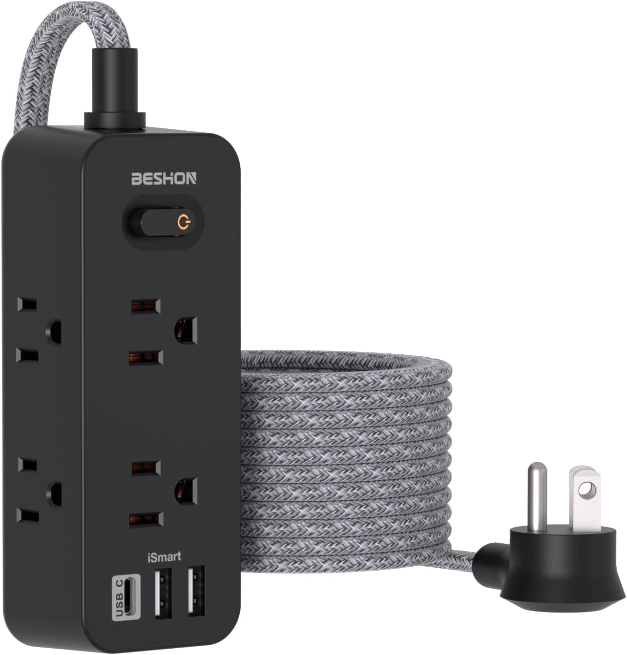 Power Strip Surge Protector, BESHON 5Ft Extension Cord, 6 Outlets with 4 USB Ports (2 USB C Outlet), 3-Side Outlet Extender, Wall Mount, Compact for Travel, Home, School, College Dorm Room and Office