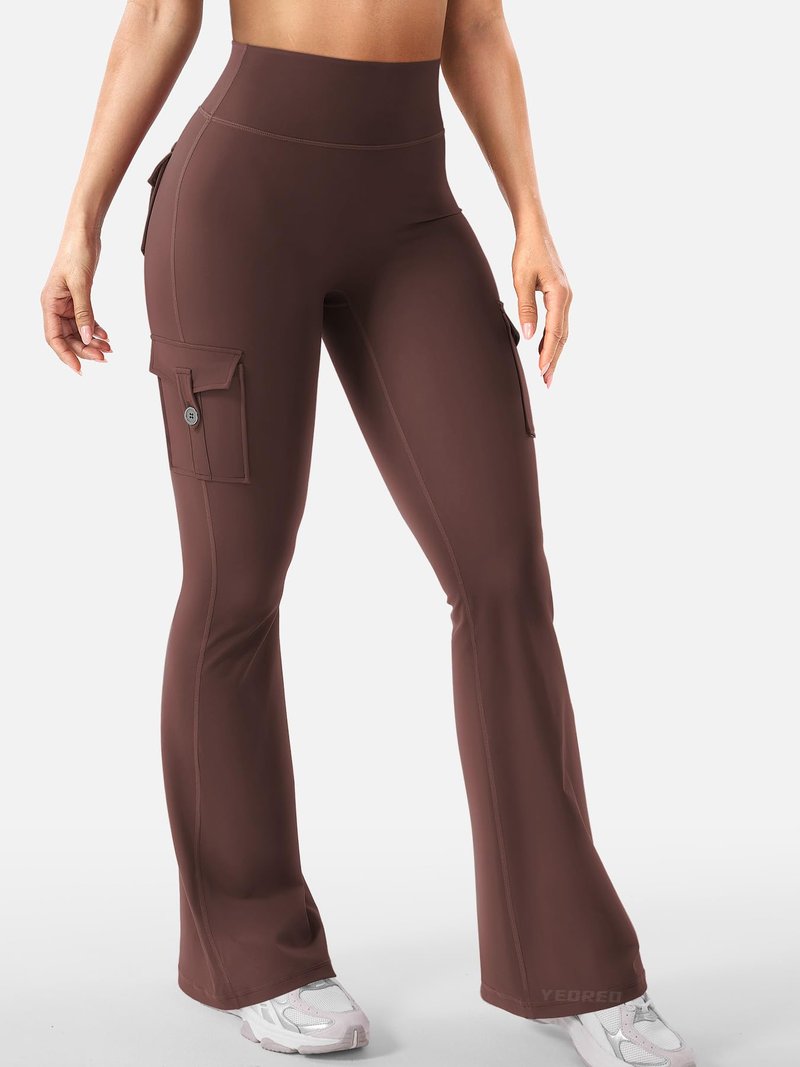 YEOREO CoreFlex Women Workout Flare Leggings with Pockets Hidden Scrunch Cargo Gym Yoga No Front Seam Leggings Chocolate L