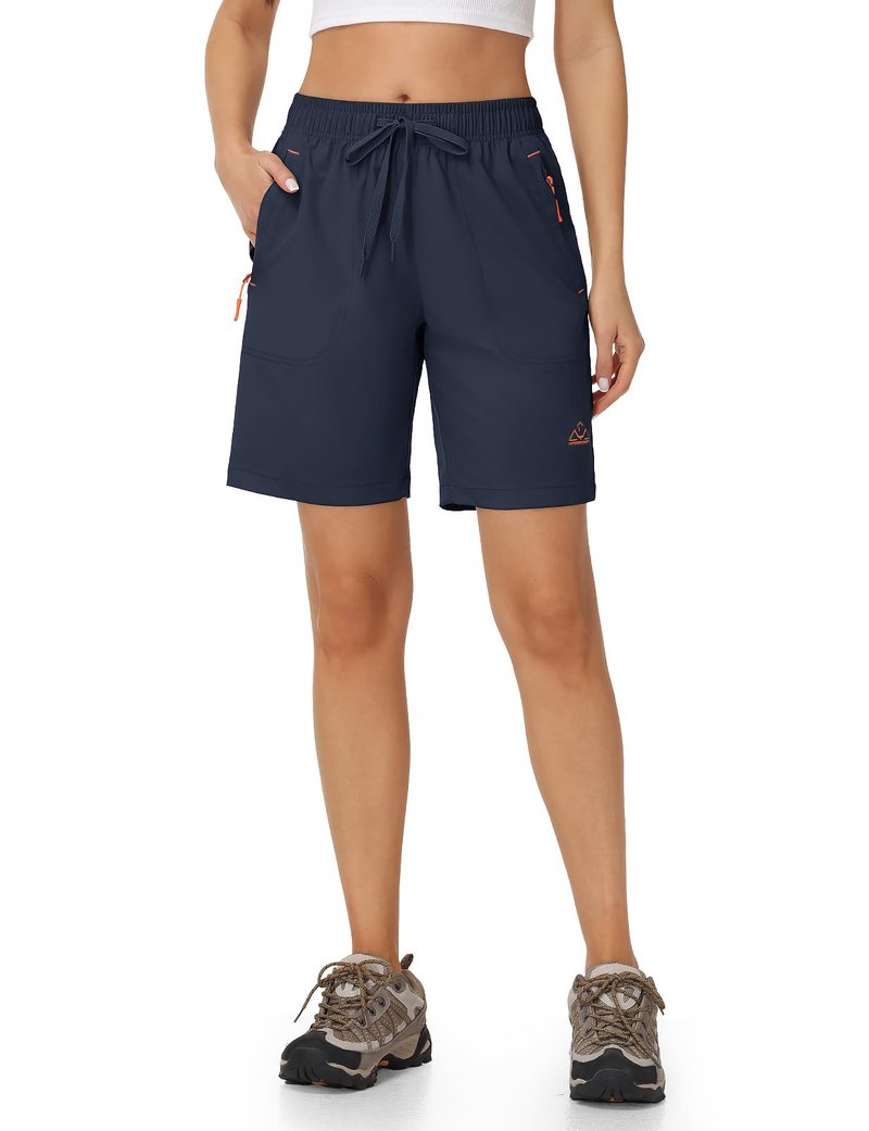 Rdruko Women's Hiking Shorts 8" Quick Dry Lightweight Water Resistant Outdoor Travel Shorts with Pockets, Navy Blue, L