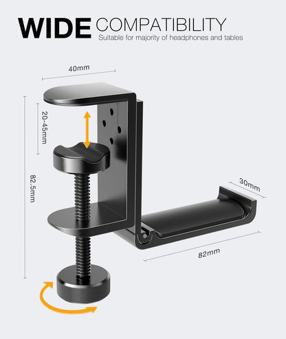 APPHOME Foldable Headphone Stand Hanger Holder, Space-Saving Aluminum Soundbar Stand with Universal Fit for Gaming PC Accessories, Under Desk Clamp Hook Mount (Black-2PC)