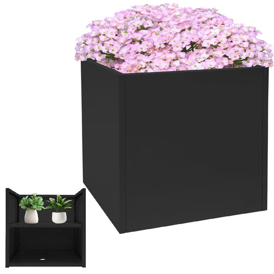 Large Outdoor Planters Metal Planters for Outdoors, Square Metal Planter Box 26"L x 26"W x 26"H, Steel Planter Box with Removable Insert Shelf, for Porch, Garden, Patio (26"L x 26"W x 26"H - Black)