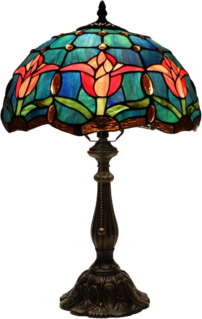 Tiffany Lamp Stained Glass Table Lamp Bedside Reading Light W12H19 Inches (Tulip Style)