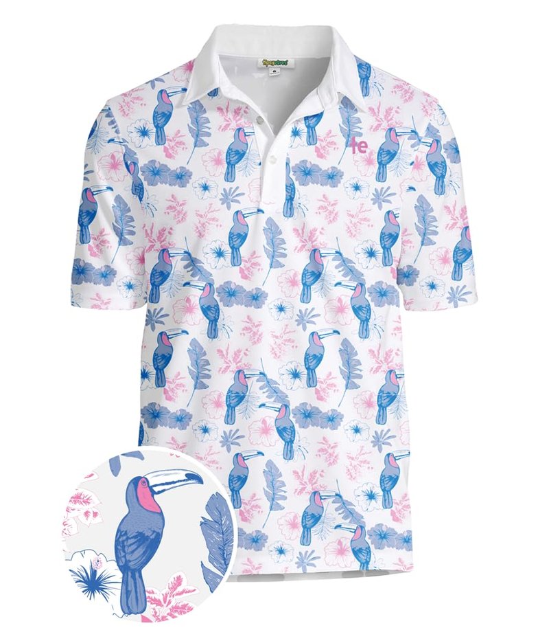 Tipsy Elves Men's Golf Polo Shirt - Moisture Wicking, Stretch Fabric, Athletic Fit - White Toucan Tango Performance Polo - X-Large