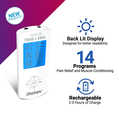 iReliev TENS Unit + EMS Muscle Stimulator Comes with 14 Therapy Modes, Premium Pain Relief and Recovery System, Rechargeable, Large Back Lit Display, Large and Small Electrode Pads