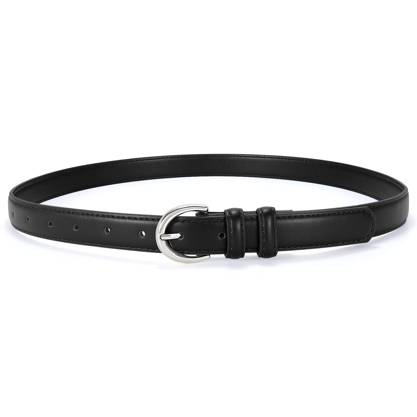 SANSTHS Women Leather Belt for Jeans Pants Fashion Ladies Skinny Belt for Dresses Thin Belt with Single Prong Buckle,Black,L