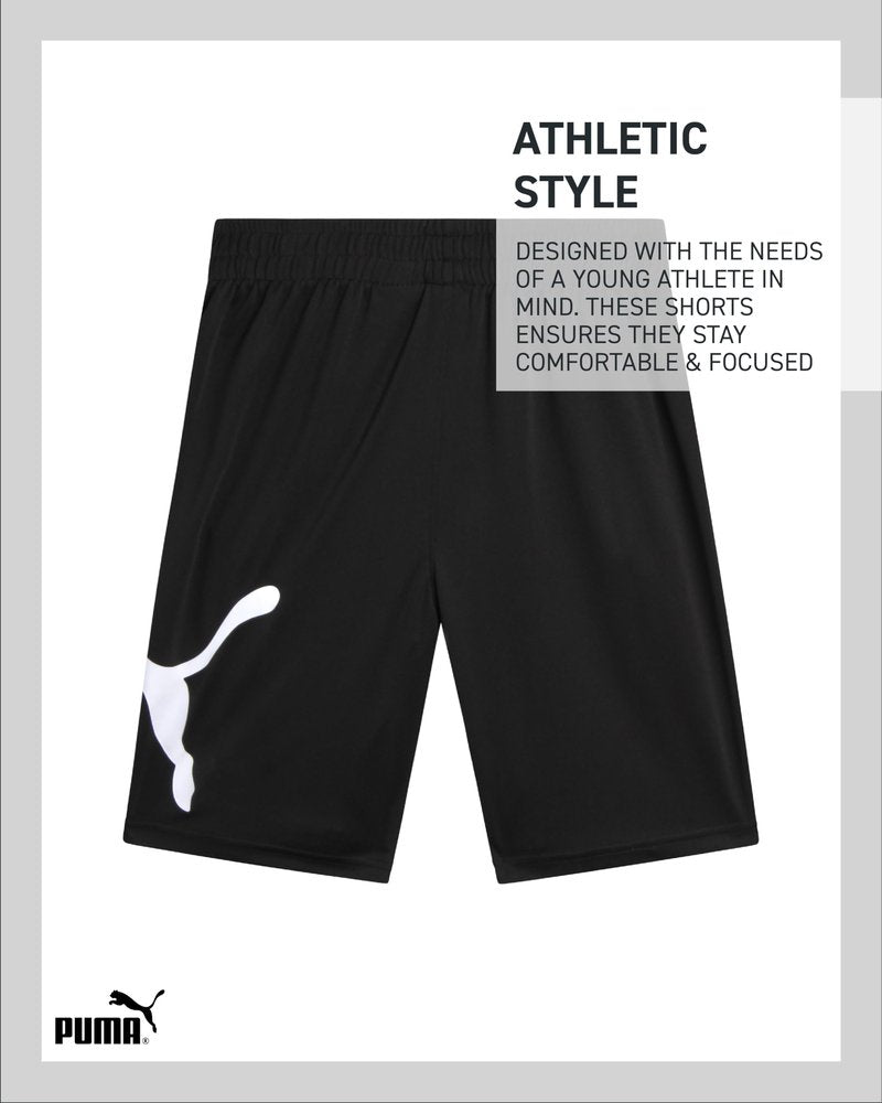 PUMA Boys Athletic Shorts - Quick Dry Breathable Interlock Performance Boys Basketball Shorts with Pockets (Sizes: 4-20), Size 14-16, Puma Black/White