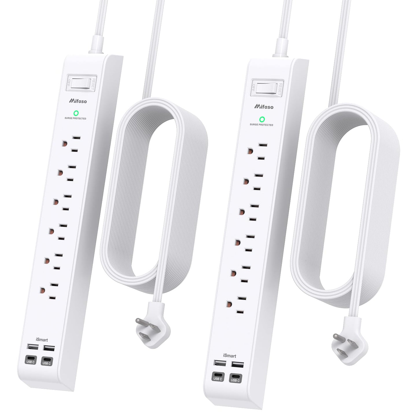 2 Pack Power Strip, 12FT Long Extension Cord, Surge Protector with 6 Outlets and 4 USB Ports (2 USB C), Flat Plug Overload Protection, Extension Cord 10+ ft, Wall Mount for Home Office Dorm College