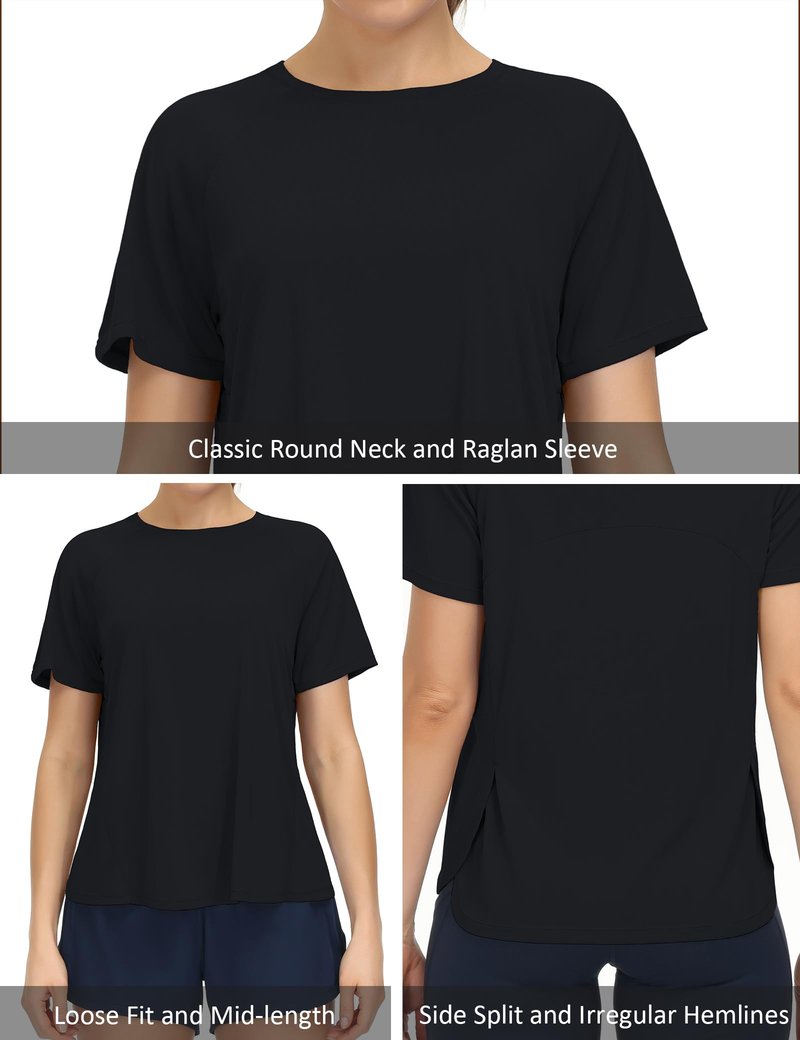 THE GYM PEOPLE Women's Short Sleeve Workout Shirts Breathable Yoga T-Shirts with Side Slits Athletic Tee Tops Black