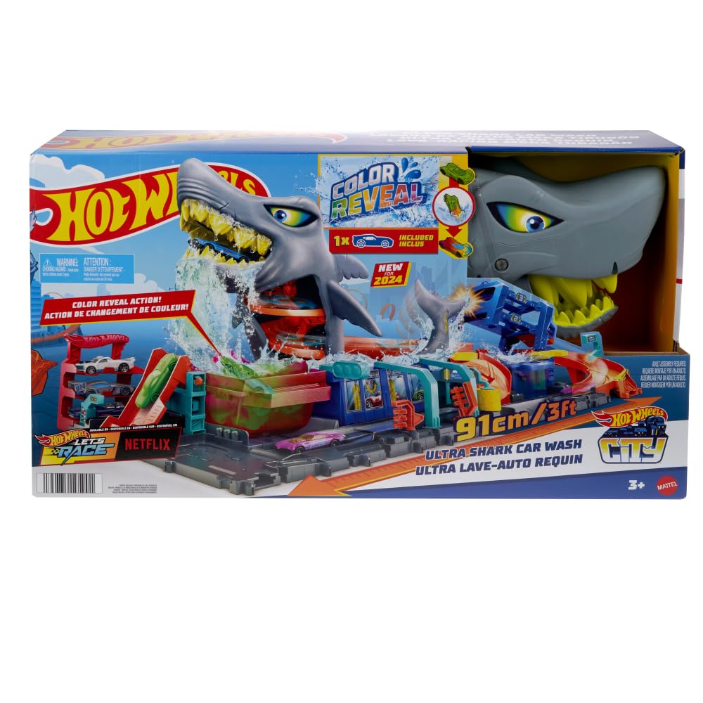 Hot Wheels Let's Race Netflix - City Toy Car Track Set, Ultra Shark Car Wash with 1:64 Scale Color Reveal Toy Car, Repeat Color-Change Feature, Storage, HTN82