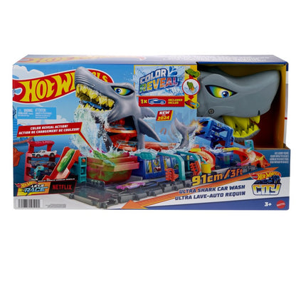 Hot Wheels Let's Race Netflix - City Toy Car Track Set, Ultra Shark Car Wash with 1:64 Scale Color Reveal Toy Car, Repeat Color-Change Feature, Storage, HTN82