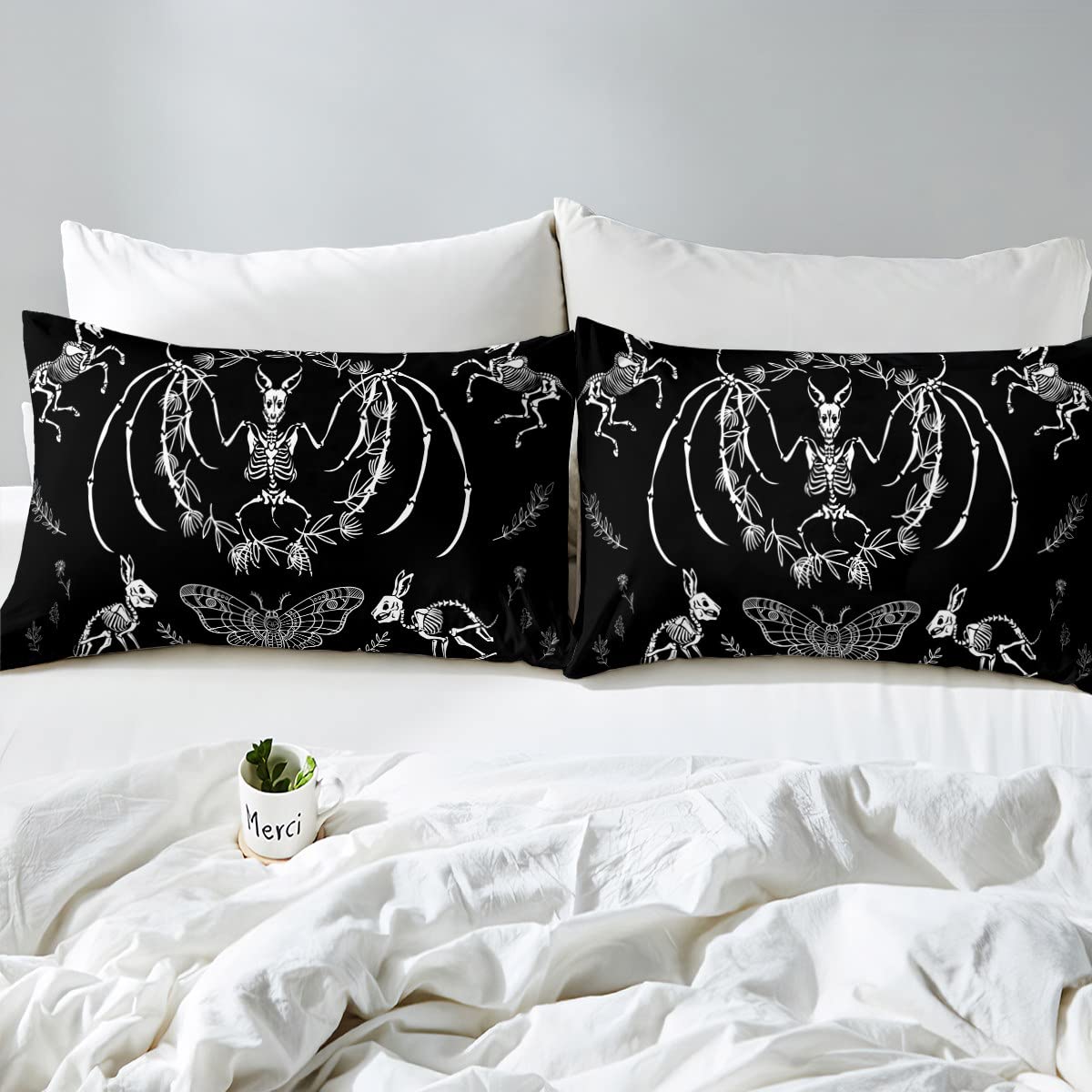 Gothic Skull Bedding Set Death Moth Bed Sheet Set Bat Rabbit Animal Skeleton Halloween Fitted Sheet for Kids Boys Girls Butterfly Weed Floral Bed Cover Black White Bedroom Decor Full Size 4Pcs