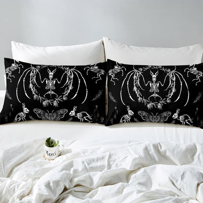 Gothic Skull Bedding Set Death Moth Bed Sheet Set Bat Rabbit Animal Skeleton Halloween Fitted Sheet for Kids Boys Girls Butterfly Weed Floral Bed Cover Black White Bedroom Decor Full Size 4Pcs