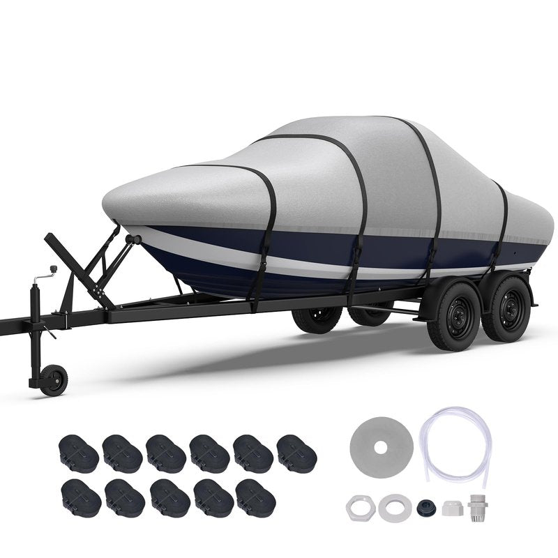 Fonzier Boat Cover 20-22ft, Heavy Duty 1400D Middle Reinforced Waterproof Polyester Canvas, Trailerable Boat Cover with Fast Drainage Kits Fit 20-22ft V-Hull/Tri-Hull/Runabout/Bass Boat, Gray