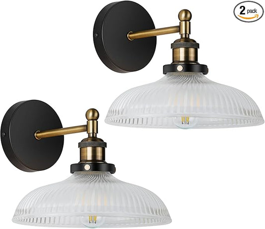Vintage Wall Sconces Set of 2 Indoor 110V Hardwired Stripe Glass Wall Mounted Lamp Light Fixtures for Bathroom Vanity Kitchen Hallway Stairway, Anti-Rust Brushed Bronze Finish, E26 Base, WS-23061-B2