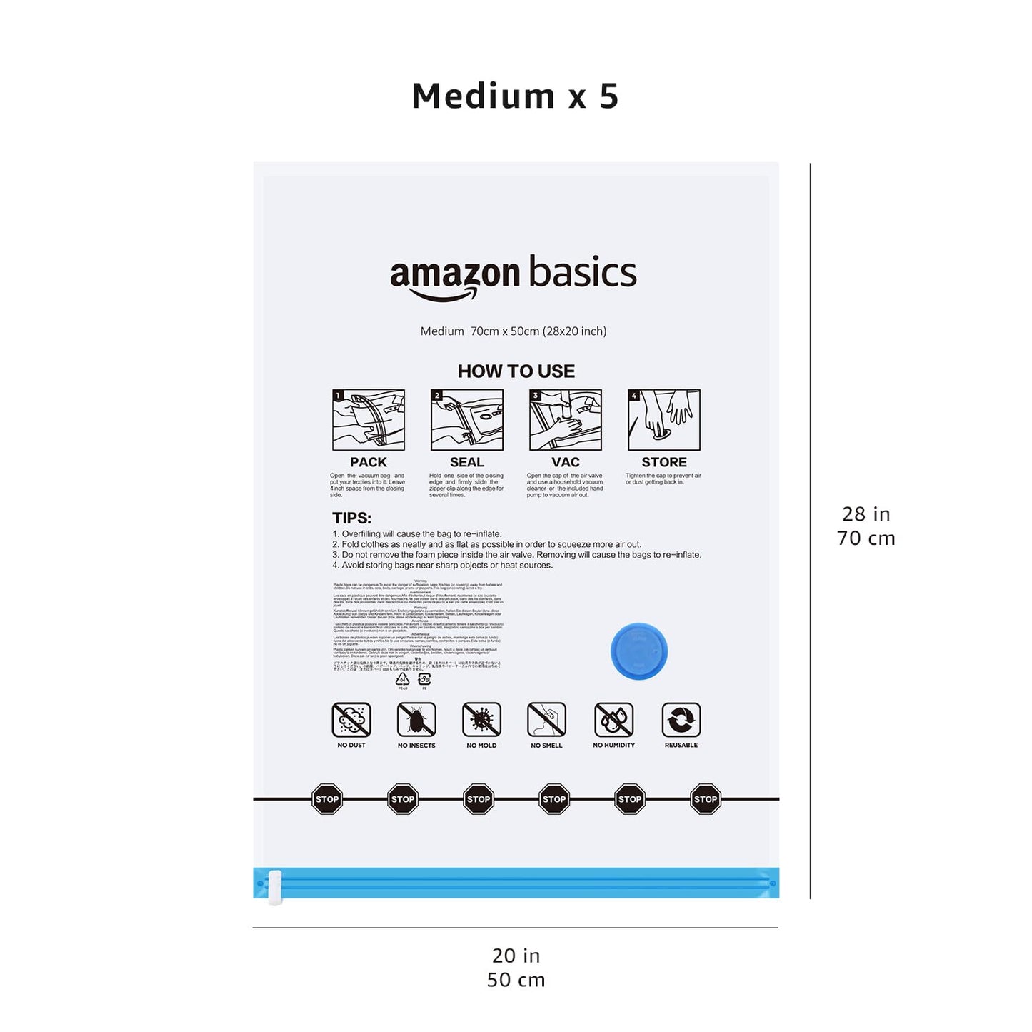 Amazon Basics Vacuum Compression Zipper Storage Bags With Hand Pump, Medium, Clear, 5-Pack, White, Sky Blue