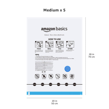 Amazon Basics Vacuum Compression Zipper Storage Bags With Hand Pump, Medium, Clear, 5-Pack, White, Sky Blue