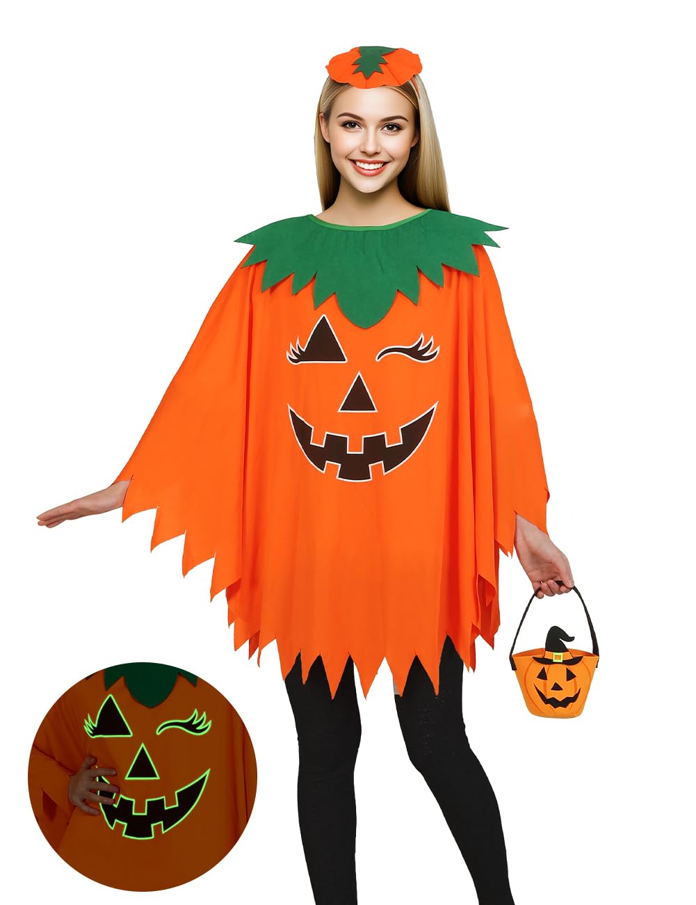 qqpouc Pumpkin Costume for Women Kids，Glow in the Dark Adult Halloween Pumpkin Poncho/Headband/Candy Bags
