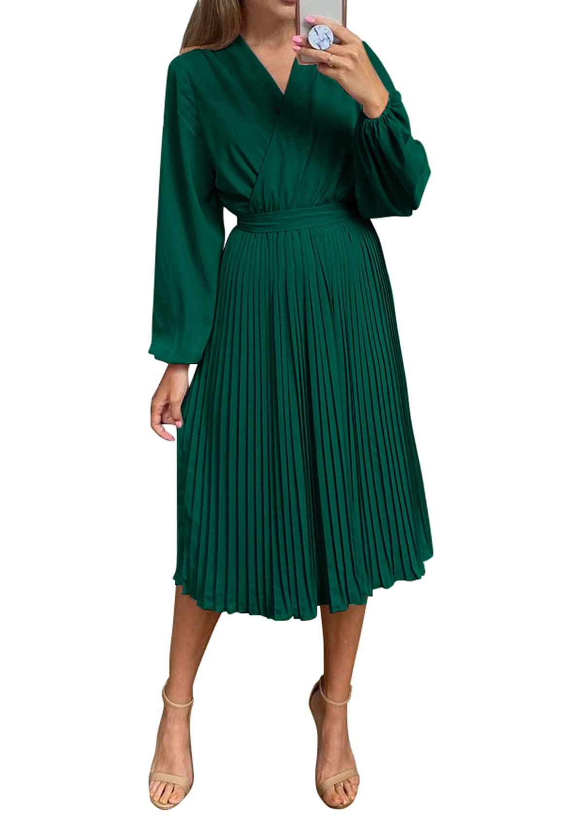 PRETTYGARDEN Women's Spring Midi Dress Long Puff Sleeve Wrap V Neck Flowy Ruffle Pleated Casual Fall Dresses (Dark Green,Medium)