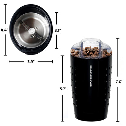 OVENTE Electric Coffee Grinder for Beans, Spices and More, 2.5Oz Compact Grinding Mill, Spice Grinder with Stainless Steel Blade, Pulse Button Operation and Transparent Easy to Open Lid, Black CG225B