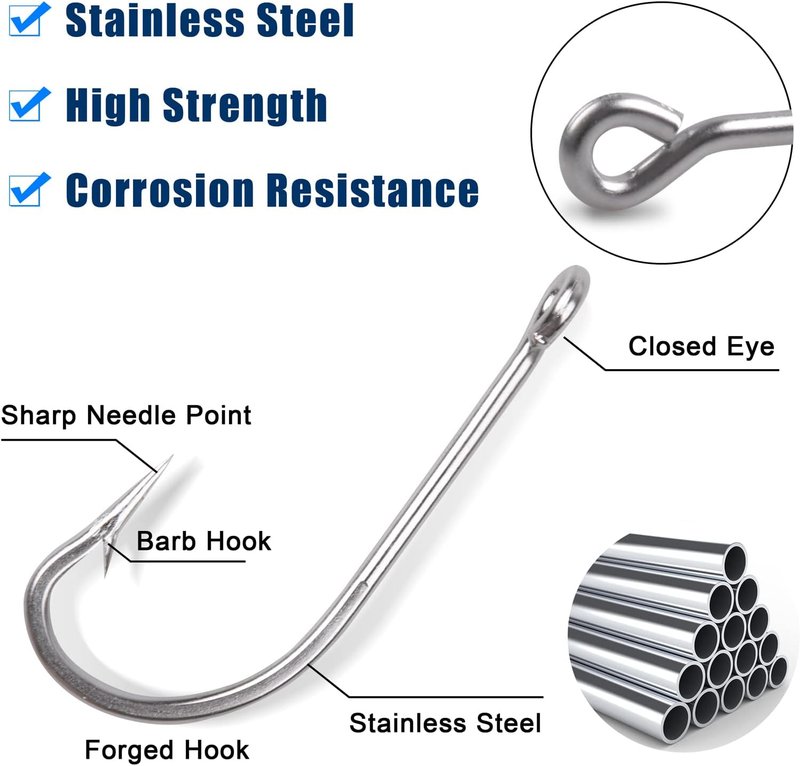 Saltwater Fishing J Hooks - O'Shaughnessy Forged Stainless Steel for Trolling | Size 1/0-10/0