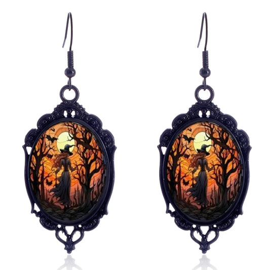 Gothic Mystery Witch Cameo Earrings,Vintage Crystal Glass Witch Dangle Earring Punk Style Mystery Earrings Goth Victorian Earring Halloween Jewelry for Women (Black)