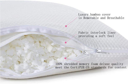 pillowLY Shredded Memory Foam Pillow For Neck Support & Pain Relief - 2 Comfort Zones (Soft & Firm) Adjustable for Stomach Back & Side Sleepers, Best Orthopedic Sleeping Pillow - Bamboo Cover