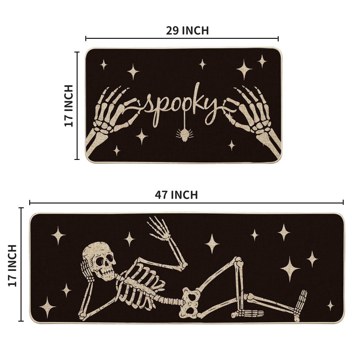 Artoid Mode Spooky Skeleton Spider Bone Black Halloween Kitchen Mats Set of 2, Black Home Decor Low-Profile Kitchen Rugs for Floor - 17x29 and 17x47 Inch