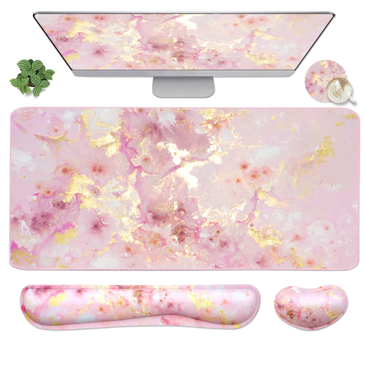 4-in-1 Large Gaming Mouse Pad, Keyboard Wrist Rest Pad & Wrist Support Mousepad Set, Extended Desk Pad Waterproof Desk Mat for Home Office Study Game-Pink Gold Marble