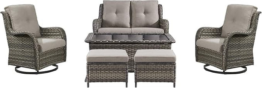 Patio Furniture Swivel Chairs Set - 6 Piece Wicker Rattan Outdoor Sectional Conversation Sets with 2 Swivel Rocking Chairs,2 Ottomans,1 Loveseat and 1 Coffee Table for Porch Deck(Mixed Grey/Grey)