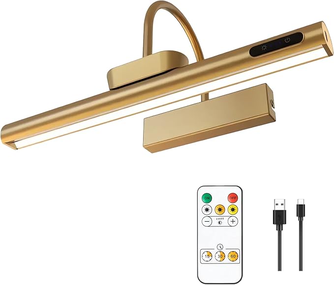 Dimmable Cordless Picture Light with Controller and Timer, Rechargeable 5000mAh Battery Wall Sconce for Wall Pictures, Gallery Artwork, Paintings, Portraits, Dartboards (Gold)